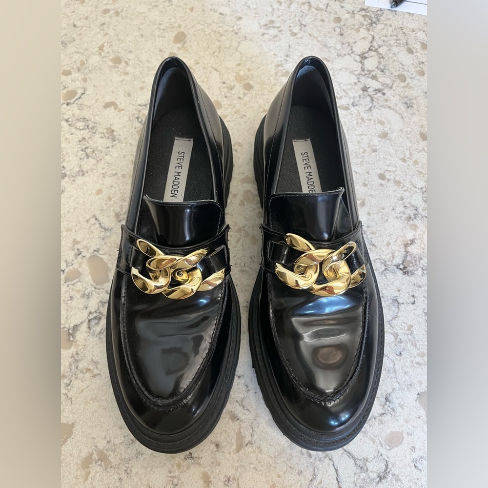 Steve Madden Glossy Black Loafers with Gold Accent